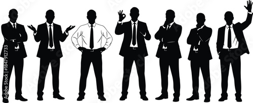 Business men silhouettes expressive gestures set, professional corporate leadership communication poses, isolated black vector illustration for presentation, branding, marketing design
