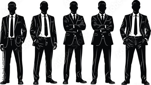 Business men silhouettes stylish suit collection, confident professional corporate leadership poses, modern executive fashion concept, isolated black vector illustration for branding use