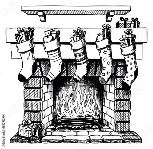 Christmas stocking set with gifts and fireplace hand drawn outline illustration
