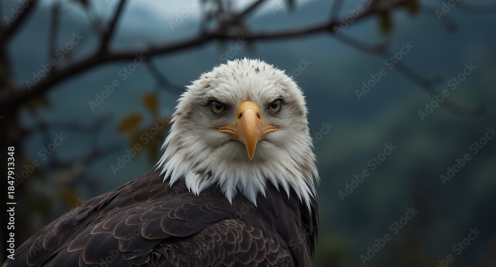 Fototapeta premium majestic bald eagle portrait with intense gaze and detailed plumage against a blurred natural background.