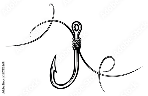 Minimal fishing hook icon with line black and white line art