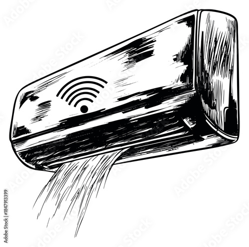 Hand drawn air conditioner with wifi icon black and white line art