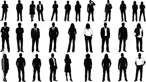 Business people silhouettes set, professional men and women standing poses, corporate office workforce collection, isolated black vector illustration on white background