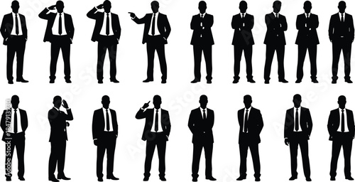 Businessmen silhouettes poses collection, professional male figures in suits showing gestures, leadership and corporate confidence concept, black shadow business people vector illustration