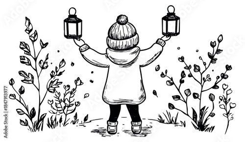 Hand drawn child with lanterns and plants collection black and white line art