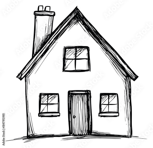 Simple house sketch with windows door and chimney hand drawn outline illustration