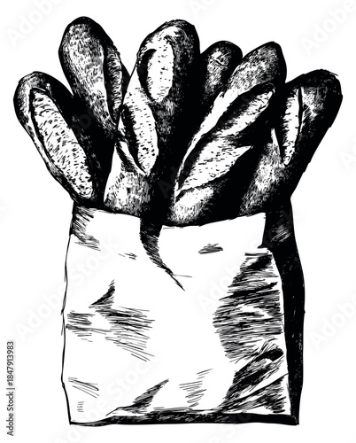 Vintage paper bag with baguette bread set hand drawn sketch