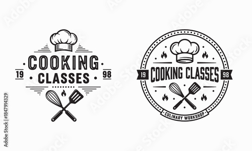 Vintage Cooking Class Logo Design Template for T Shirt Print Chef Academy Culinary Badge Icon