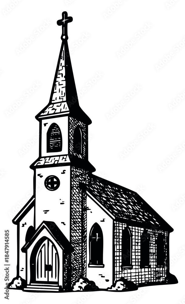 Obraz premium Vintage church building illustration hand drawn sketch