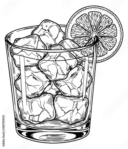 Detailed glass with ice cubes and lemon slice hand drawn outline illustration