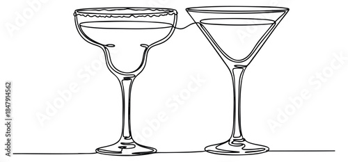 Simple cocktail glass set with margarita and martini glasses black and white line art