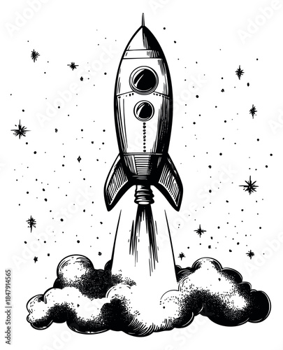 Vintage rocket launch illustration with smoke and stars black and white line art