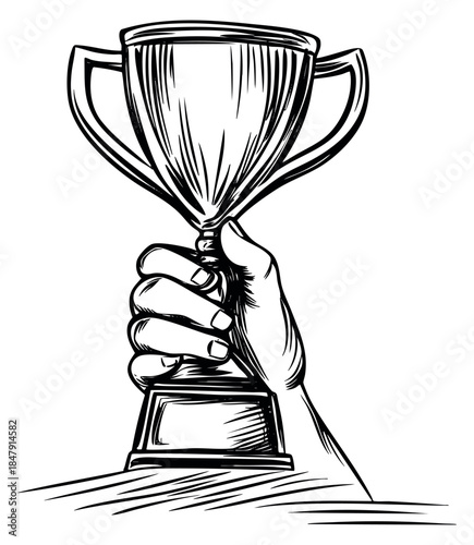 Hand drawn trophy with hand holding cup illustration