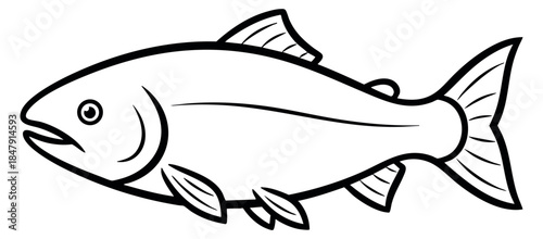 Simple fish icon with fins and tail black and white line art