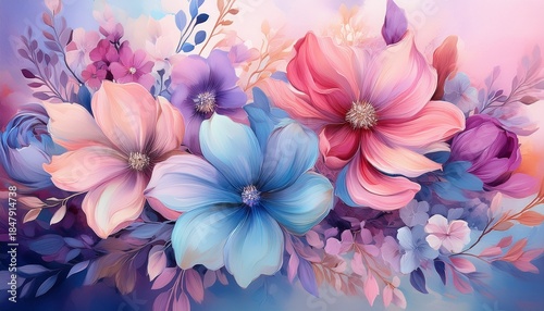 abstract painting of vibrant flowers in soft pastel shades of pink purple and blue creating a calming and dreamy floral composition