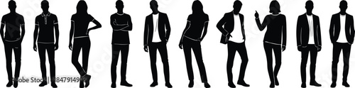 Casual people silhouettes modern set, men and women standing relaxed poses, contemporary lifestyle crowd concept, isolated black vector illustration for web, branding, design use