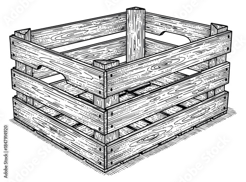 Wooden crate with slats and texture hand drawn outline illustration
