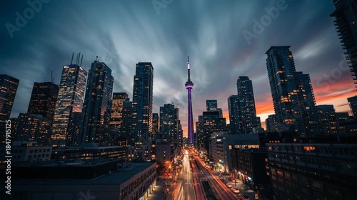 Toronto Cityscape at Dusk with Light Streaks and Tower, Aerial View, Urban Landscape, Modern City