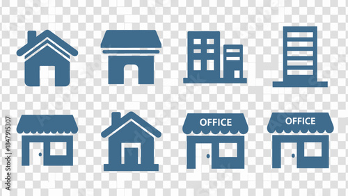 A collection of blue building icons including houses, shops, and office buildings on a transparent background.