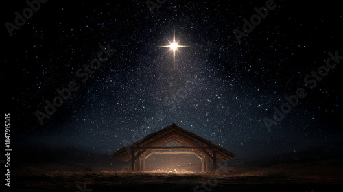 Nativity manger star night sky bright star above nativity manger under night sky