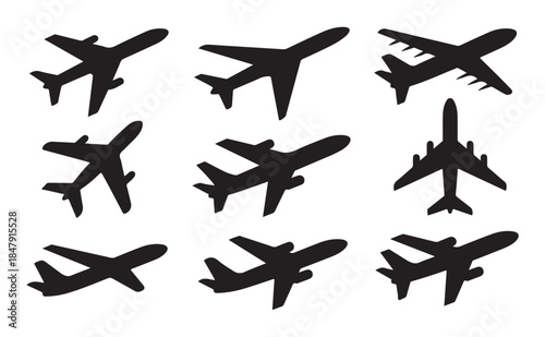 Minimal airplane silhouette symbols set isolated on white for travel and transportation graphics