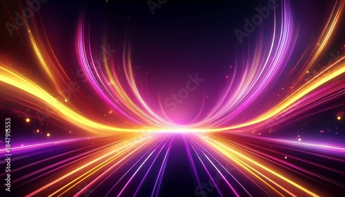 abstract background with glowing neon lines and sparkling particles in purple yellow and pink hues creating a futuristic and energetic atmosphere