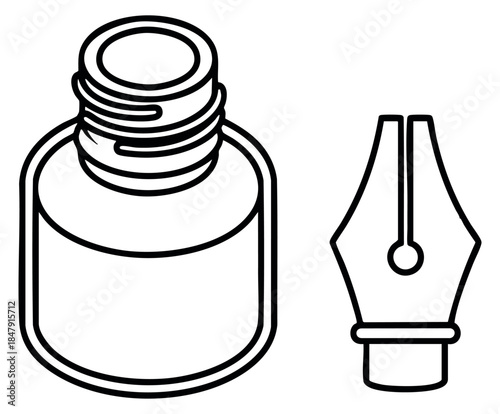Simple ink bottle and fountain pen nib icon set black and white line art
