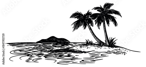 Tropical island with palm trees and ocean waves black and white line art