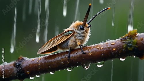 A small, fluffy, brown bird-like creature with long antennae sits on a wet branch in the rain.