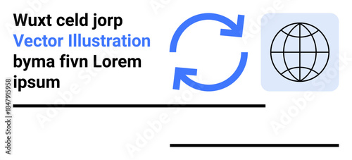 Business updates, global data sharing, digital communication, synchronization, worldwide connectivity, process automation. Circular arrows next to a globe symbol. Global data sharing