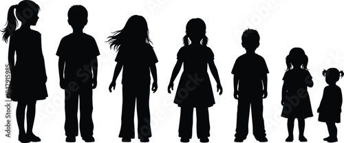 Kids silhouettes lineup illustration, boys and girls standing in different ages, childhood growth stages, black shadow children figures set, family vector design