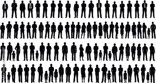 Large people silhouettes collection, men women children and business figures standing together, diverse society community crowd concept, isolated black vector illustration
