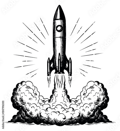 Rocket launch illustration with smoke and flames hand drawn sketch