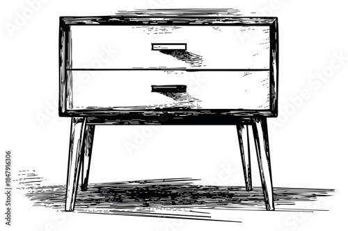 Vintage nightstand with two drawers hand drawn sketch