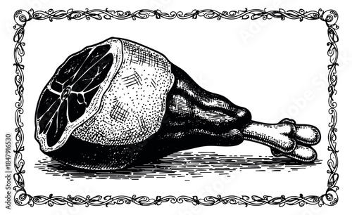 Vintage ham illustration with ornate border hand drawn sketch
