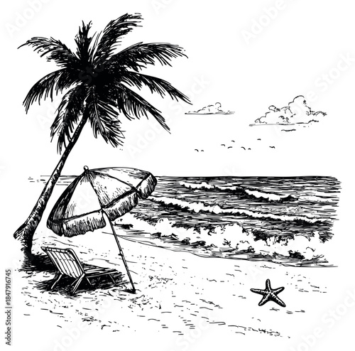 Beach scene set with palm tree, umbrella, chair and starfish hand drawn outline illustration