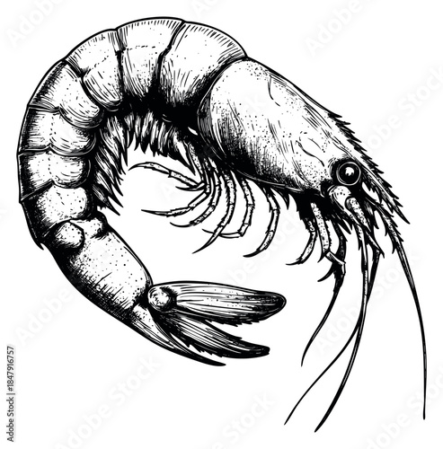 Vintage shrimp illustration with detailed lines hand drawn outline illustration