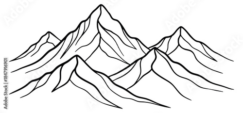 Minimal mountain range set with peaks and ridges black and white line art