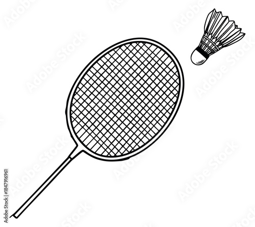 Badminton racket and shuttlecock set hand drawn outline illustration