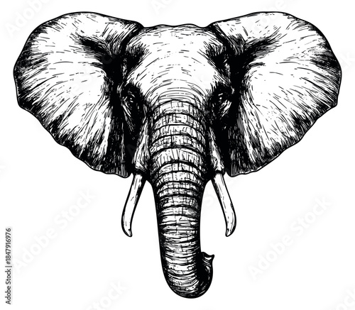 Vintage elephant head illustration black and white line art