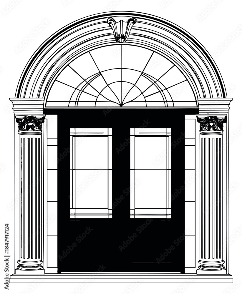 Naklejka premium Classic door set with arch and columns black and white line art