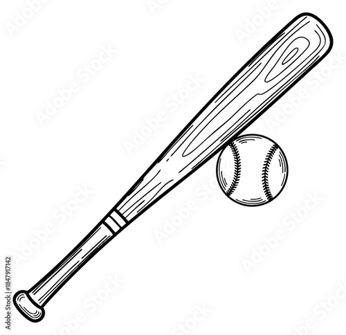 Baseball equipment set with bat and ball black and white line art