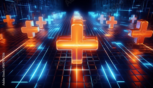 glowing futuristic blue and orange digital plus signs arranged in a 3d grid pattern on a dark background with abstract light effects