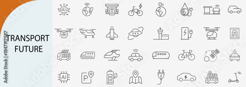 future transport and mobility icons, minimal line vector symbol set