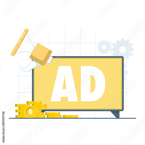 TV advertisement campaign concept showing marketing production and media revenue strategy. Vector illustration for television commercial, broadcast marketing, branding, and advertising industry.