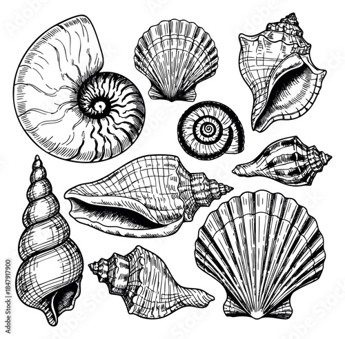 Vintage seashell collection with spiral and scallop shells hand drawn sketch