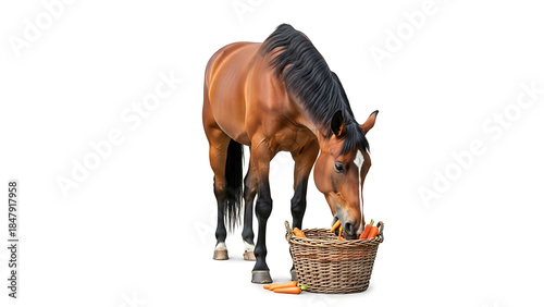 A horse eating carrots on white background