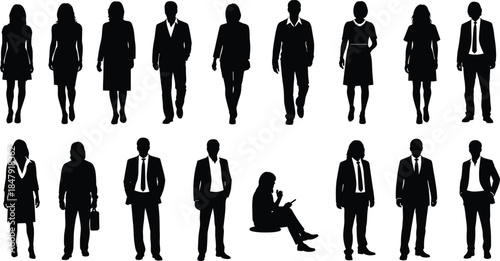 Walking business people silhouettes collection, men and women professional figures, corporate fashion poses, black shadow characters set, anonymous human vector illustration