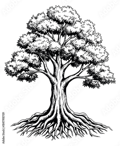 Tree illustration with roots and foliage hand drawn outline illustration