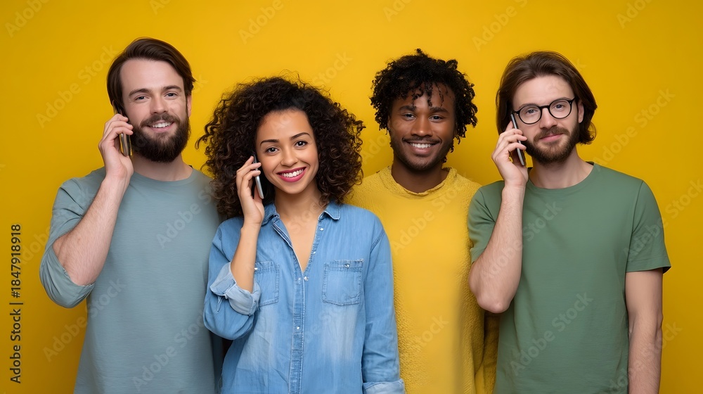 © Thares2020 - A diverse group of smiling young adults engaging in conversations on smartphones against a vibrant yellow background